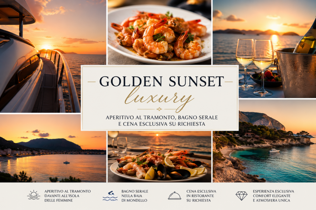 Golden sunset Luxory, pensata per chi cerca emozioni indimenticabili: aggiunge aperitivo al tramonto in abbrivio davanti all’Isola delle Femmine, con il sole che si immerge lentamente nel mare, rientro con bagno notturno nel Golfo di Mondello e, su richiesta, tavolo riservato in un rinomato ristorante per una cena a base di pescato locale.